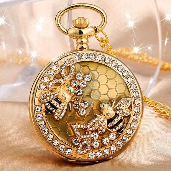 Honey Bee NEW Pocket Watch Gold Tone Jewel Encrusted Bee Honeybee Gift - Picture 1 of 5